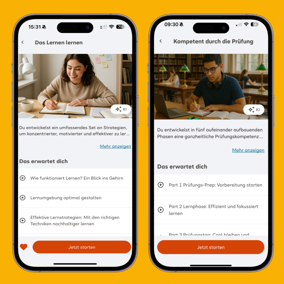 Zwei Smartphone-Bildschirme zeigen fiveways-App-Screens