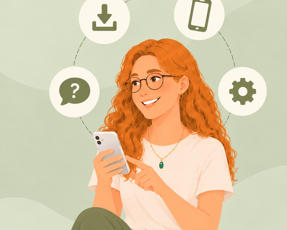 Eine Frau mit roten Haaren hält ein Smartphone und lächelt, umgeben von Symbolen für Download, App, Frage und Einstellungen.